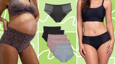 On left, pregnant model wears matching floral print bra and high waisted panty set. In middle, single pair of black and mesh pair of hipster underwear on top of five sets of high rise, multicolored underwear. On right, model wearing solid black bra and high rise hipster underwear.