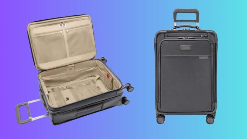 Two pieces of luggage on a purple and blue background