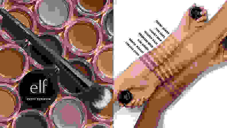 On the left: The E.L.F. Cosmetics Putty Bronzers in different brown shades on a yellow background with all of the lids open to show the cream product. A brush lays across the lot of bronzers. On the right: Three arms of different skin tones have all of the bronzers swatched on them.