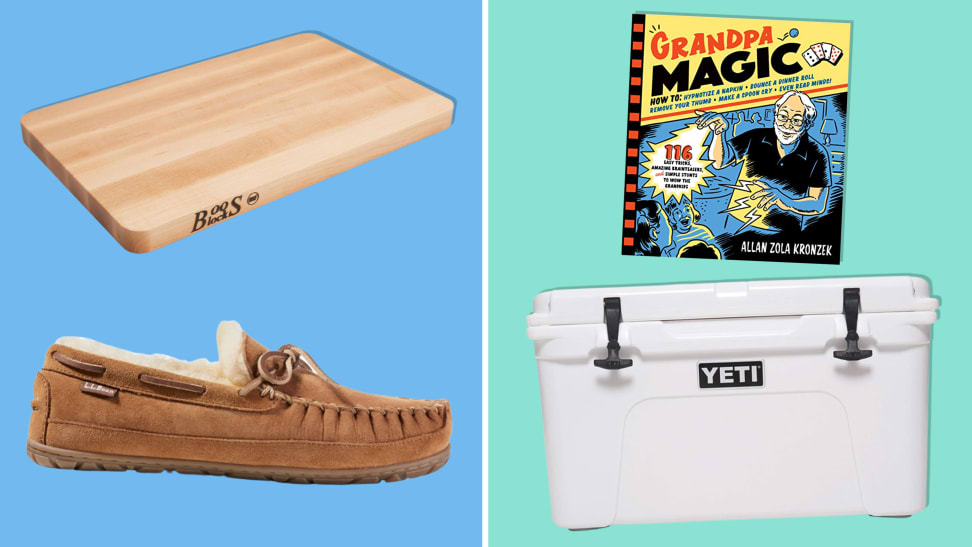 Boos Block Chop-N-Slice maple wood cutting board, L.L. Bean Wicked Good Moccasins, Grandpa Magic book, and Yeti 45 Tundra cooler on a blue and teal background.