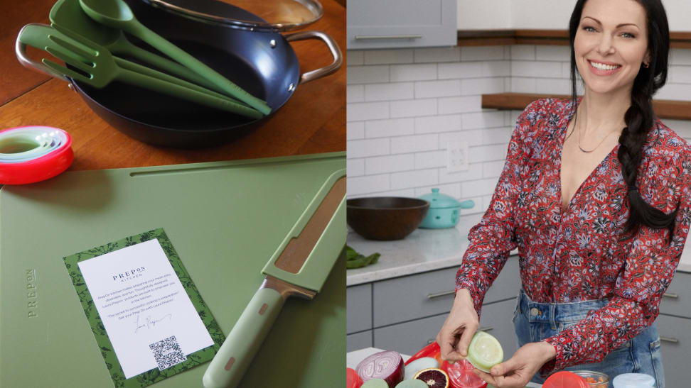 Left: Green cookware on wooden table, right:  Laura Prepon in kitchen