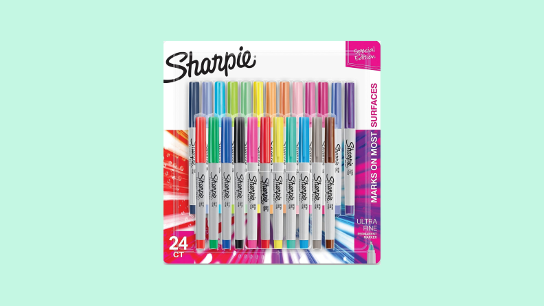 Front view of a 24-count pack of Sharpie Color Burst Permanent Markers on a light teal background.