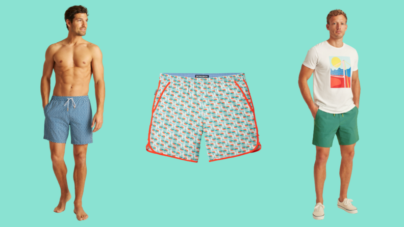 Three men's swimsuits: One in a blue print, one in a multicolor print, and one in green.