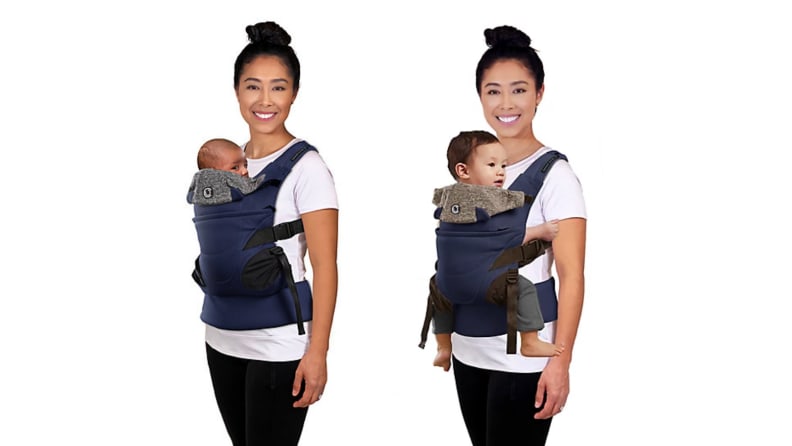 An image of a woman with a baby carrier and a young child in it, alongside an image of the same woman seen from the front with a different baby.