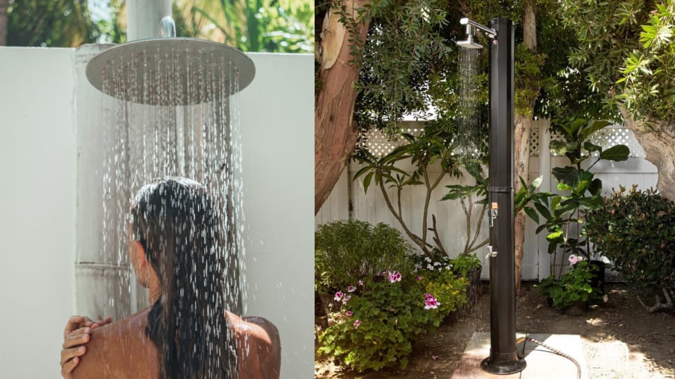 On the left, a person standing under an outdoor shower head. On the right a freestanding outdoor shower.