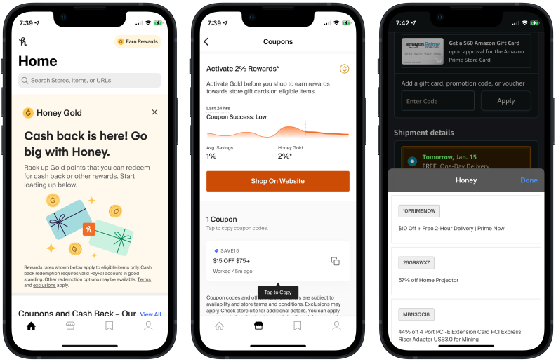 A mockup of three iPhones showing screenshots of the Honey app and extension, which finds coupon codes to apply at checkout and save you money.