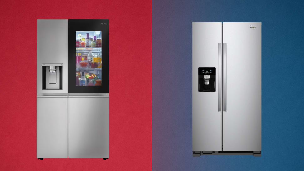 LG and Whirlpool refrigerators side by side on a two-toned background