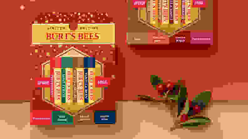 Burts bees chapsticks on festive red background