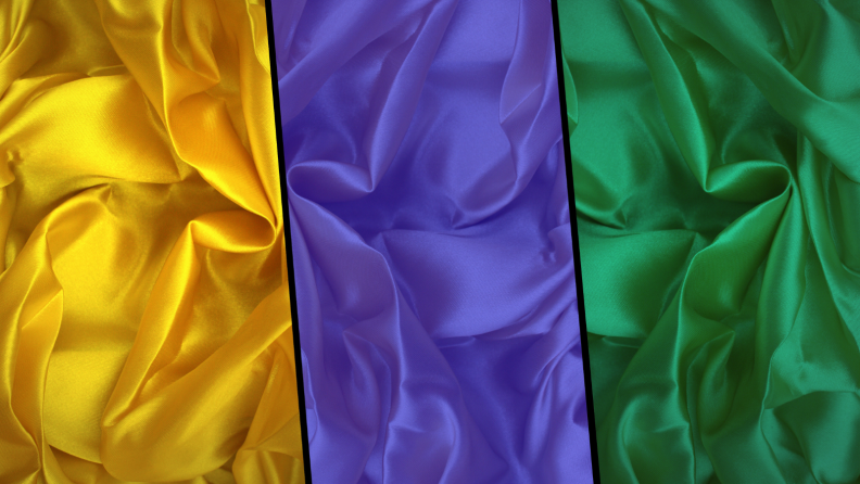 close up of yellow, purple, and green rayon