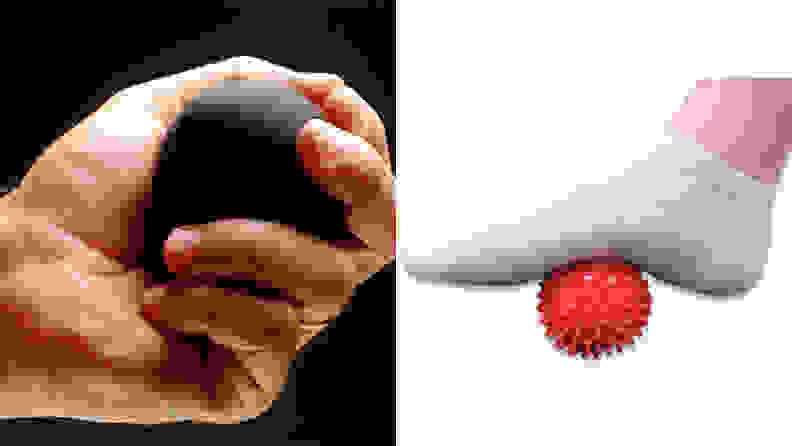 Left: Handing holding squash ball on black background. Right: Foot in socks rolling over massage ball.