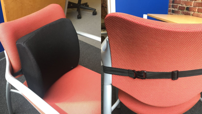 Back support cushion on chair.