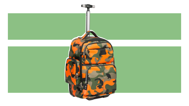 The HollyHome Multifunction Wheeled Rolling backpack on a green background.