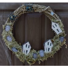 Product image of Haunted Hill Farm 15-In. Natural Grapevine Wreath with Spiders, Tombstones, and Haunted Houses 