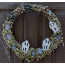 Product image of Haunted Hill Farm 15-In. Natural Grapevine Wreath with Spiders, Tombstones, and Haunted Houses