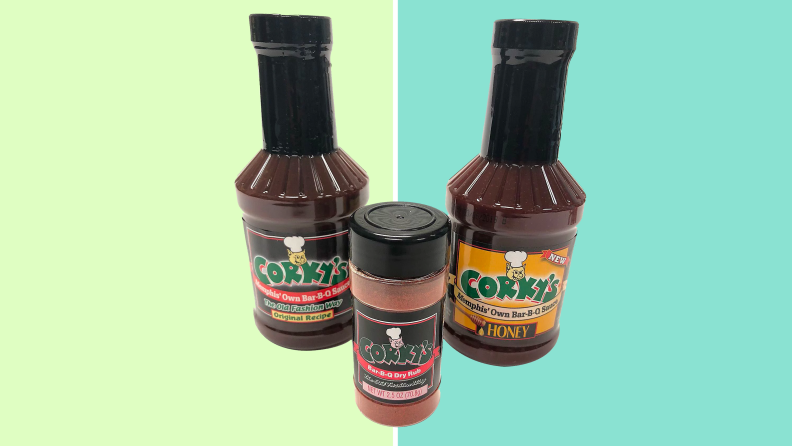 Corky's bbq sauce on a green and blue background
