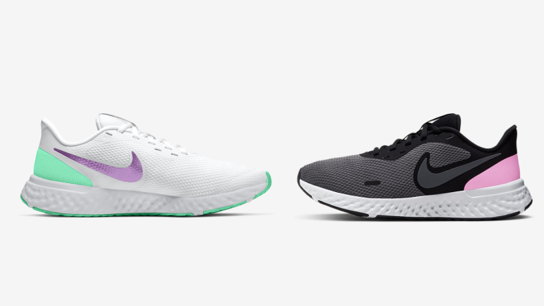 On left, white, mint green, and purple sneaker in front of white background. On right, black and pink sneaker in front of white background.