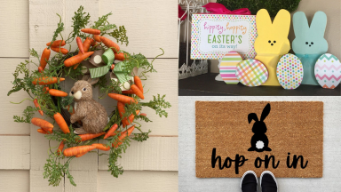 A wreath made of carrots with a bunny in the middle, next to an image of wooden bunnies and a doormat with a bunny on it