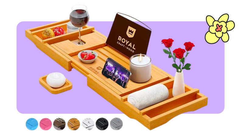 Royal Craft wooden bath tray on purple background