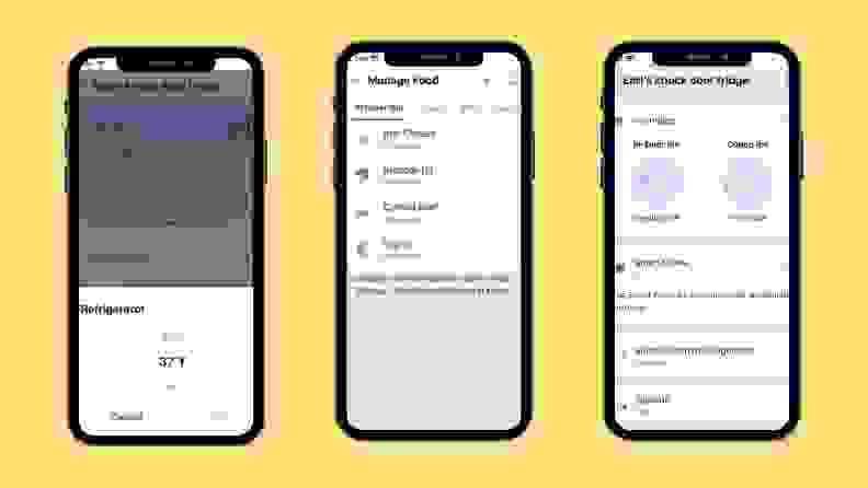 Screenshots of three smartphones displaying the ThinQ app.