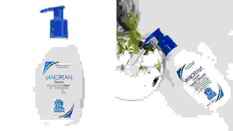 On the left: The white and blue Vanicream Gentle Facial Cleanser bottle stands on a white background. On the right: The Vanicream Gentle Facial Cleanser bottle lays on a white ceramic sink and a swatch of the cleanser appears on a circular mirror next to the bottle.