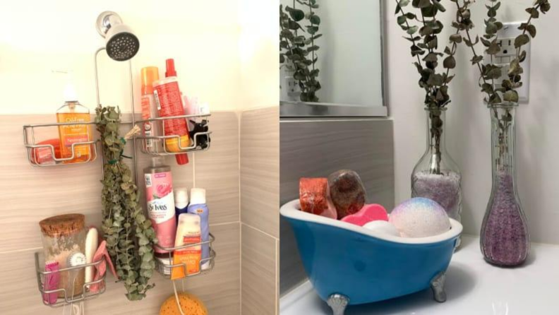 On the left: eucalyptus hanging from a shower head. On the right: eucalyptus in the corner in a vase