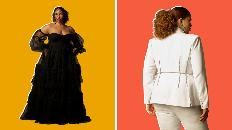 Collage of a woman wearing a black wedding gown and another woman wearing a white blazer.