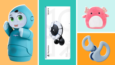 Split image of the light blue Moxie robot companion, a Sony PS5 Access Controller, a pink Archie the Axolotl Squishmallow, and a pair of gray Curvd noice-reducing earbuds.