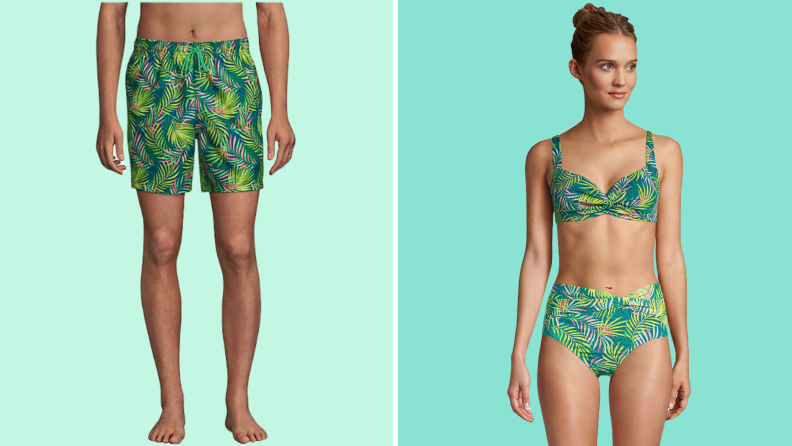 matching swim trunks and bikini with green palm leaf print