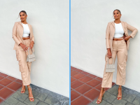 Two photos of a woman wearing a beige leather suit with cargo pants, a white shirt, and beige sandals. She holds a small handbag.