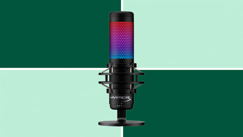 Image of a black microphone illuminated with HyperX RGB in red, pink and blue.