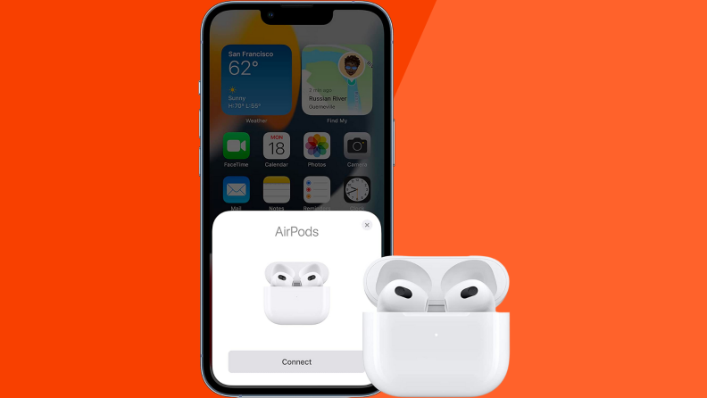 An iPhone pairs with Apple AirPods.