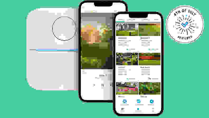 The Rachio 3 smart sprinkler, along with two phones showing off how its app looks. All are floating in a green void.