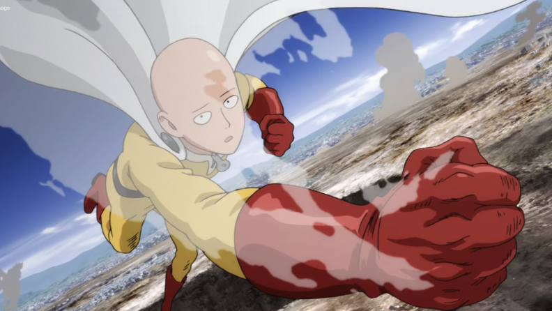 A still from One Punch Man featuring the title character in the sky, with steam billowing from his fist.