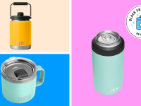 Collage image of three Yeti rambler insulated cups.