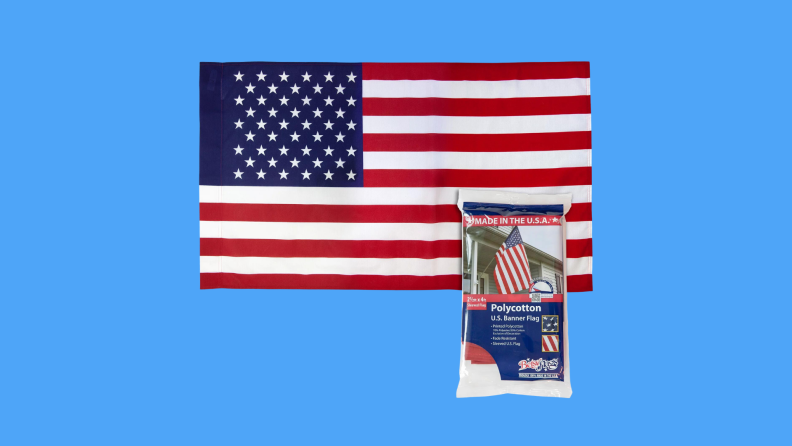 An American flag against a blue background.