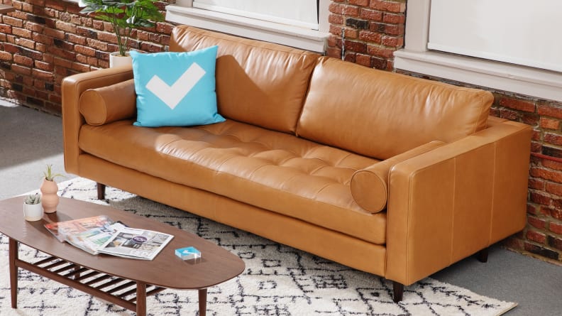 Sven Charme Leather Couch from Article inside of living room space.