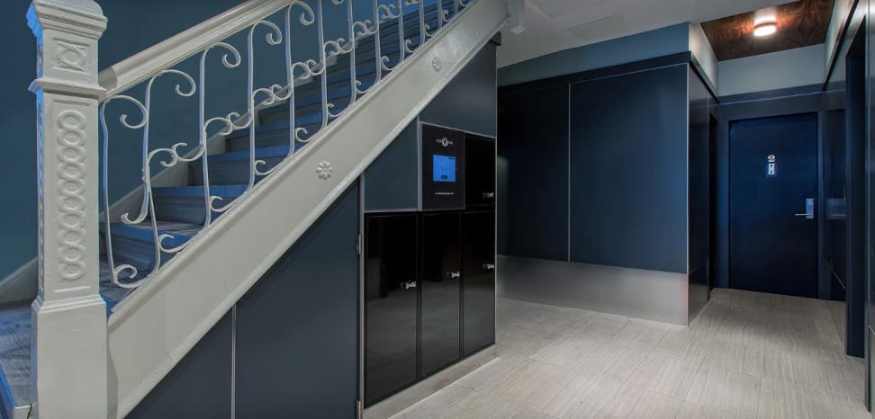 Clean Cube lockers in an apartment building lobby