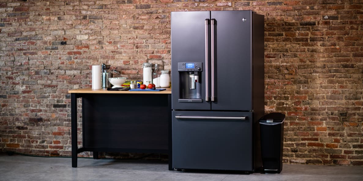 The refrigerator has an attractive Black Slate finish and a Keurig coffeemaker in the door