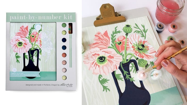 A paint-by-number kit and a person painting.