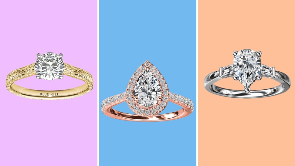 Three images of engagement rings, one with a gold band and round stone, one with a rose gold band and a pear-shaped stone, and one with a white gold band and baguette diamonds framing the center stone.