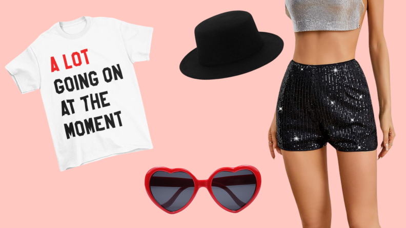 A white t-shirt that reads "a lot going on at the moment," a pair of red heart-shaped sunglasses, a black hat, and a model wearing sparkly black shorts.