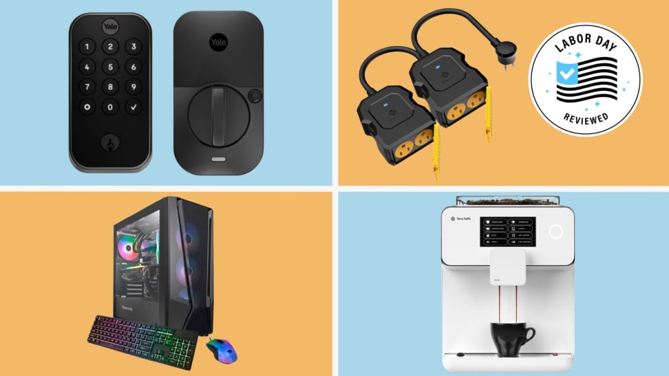 Various discounted Best Buy products on a colored background.