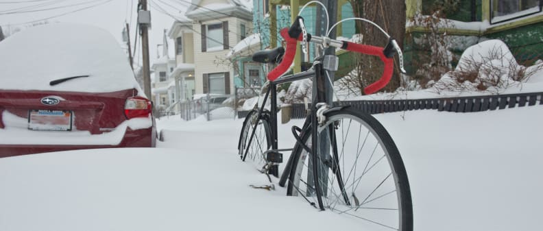 A photo of a bicycle taken during winter storm Juno.