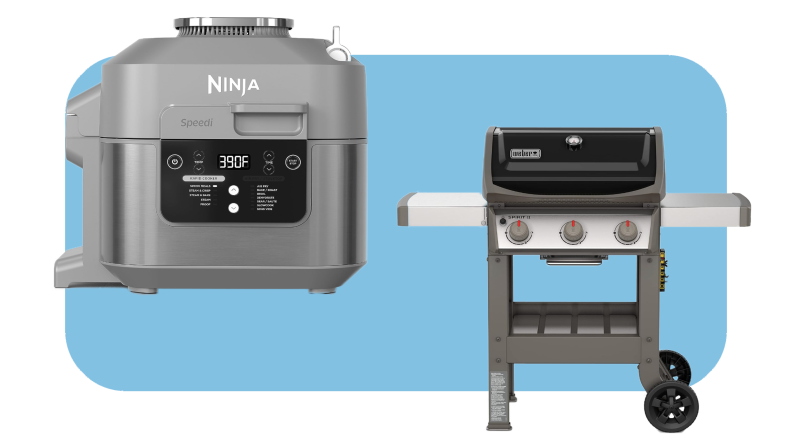 Gray Ninja air fryer next to Weber outdoor grill with wheels.