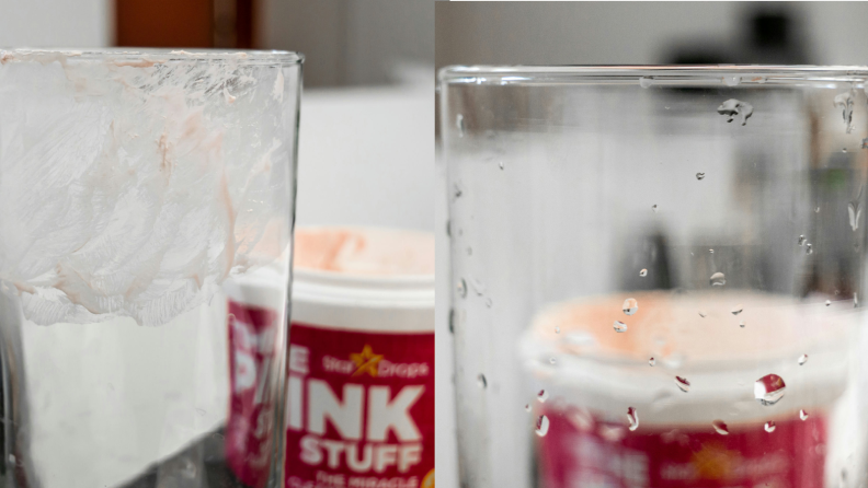 Star Drops The Pink Stuff cleaner appears with two glasses for cleaning.
