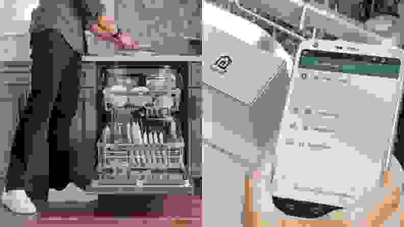 Two shots of a person getting dishes out of a dishwasher next to a shot of a hand holding up a smartphone displaying an app.