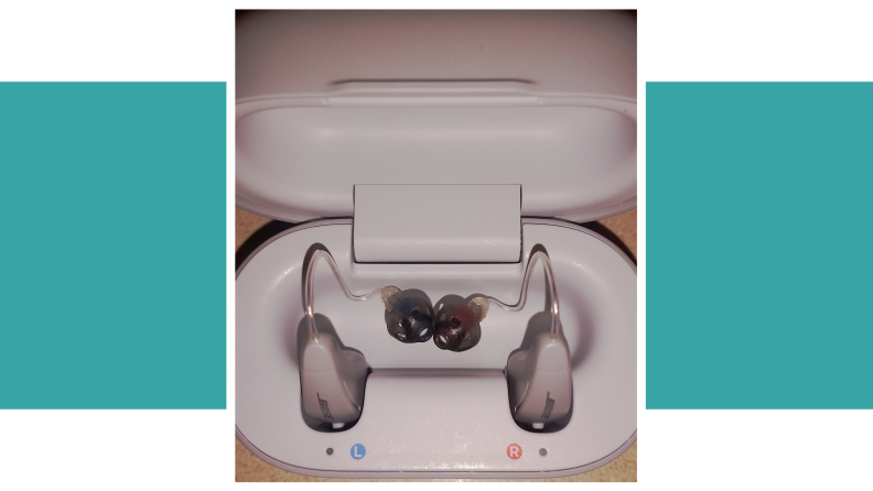 Lexie B2 Bose hearing aids in carrying case.