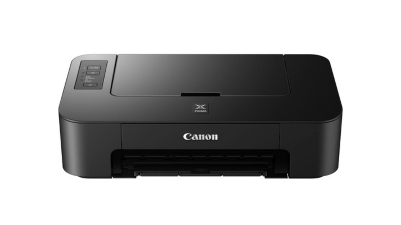An image of a Canon Pixma printer seen from the front with the top closed.