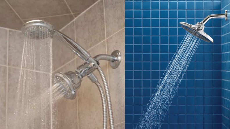 Two different shots of a shower head with two heads and another showerhead head model that's a waterfall showerhead.