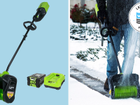 Greenworks electric snow shovel and battery on blue background next to image of someone using the shovel outside.